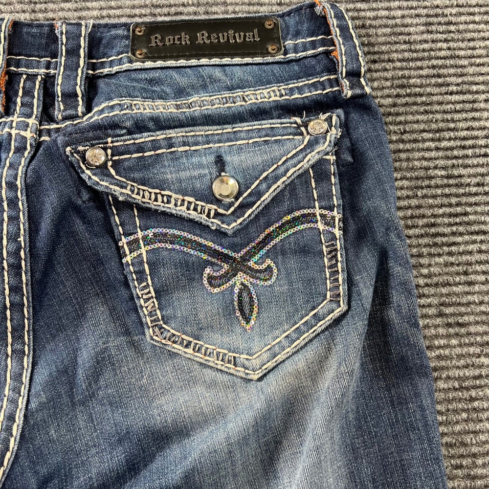Rock Revival Luna Easy Boot Jeans Womens 29 Sequin Flap Pocket Distressed Blue